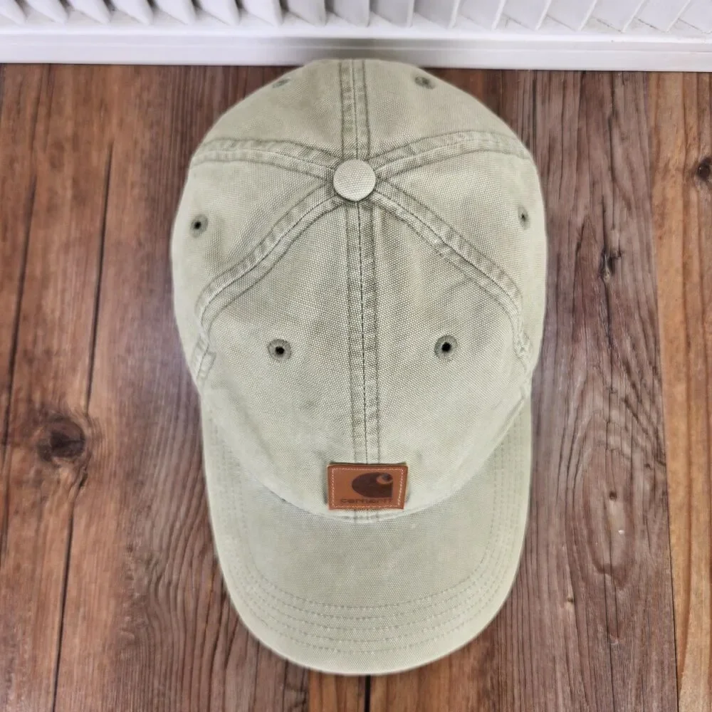 Carhartt Canvas Dad Hat Leather Patch Strapback Green Workwear Cap Casual Adult